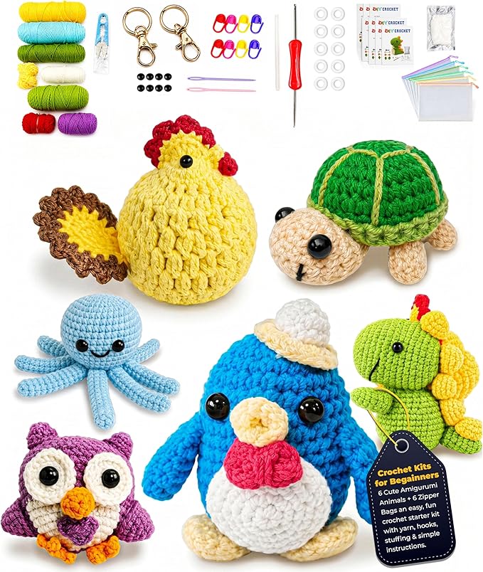 Crochet Kits for Begainners – 6 pcs Animal Amigurumi Set, 6 pcs Zipper Bag, Beginner Crochet Starter Pack for Adults & Kids, Learn to DIY Craft Stitch with Yarn, Hooks, Stuffing & Paper Instructions