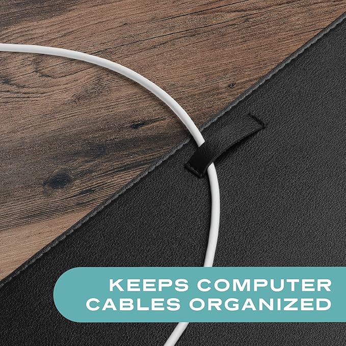 Leather Desk Mat Cable Organizer 23.6" x 17" | Premium Black Vegan Leather Desk Protector Blotter Mouse Pad with Felt Non Slip Bottom for Home Office