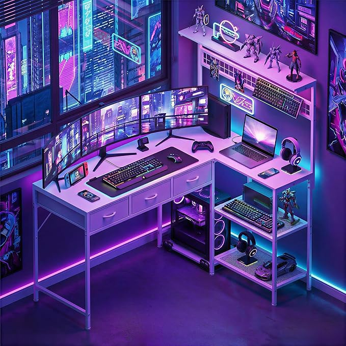 Garvee Computer Desk with 3 Fabric Drawers, 50.4 in l-Desk Display Shelves with Led Light & Power Outlet, PC Table Workstation for Home Office, Gaming Desk for Small Spaces, White