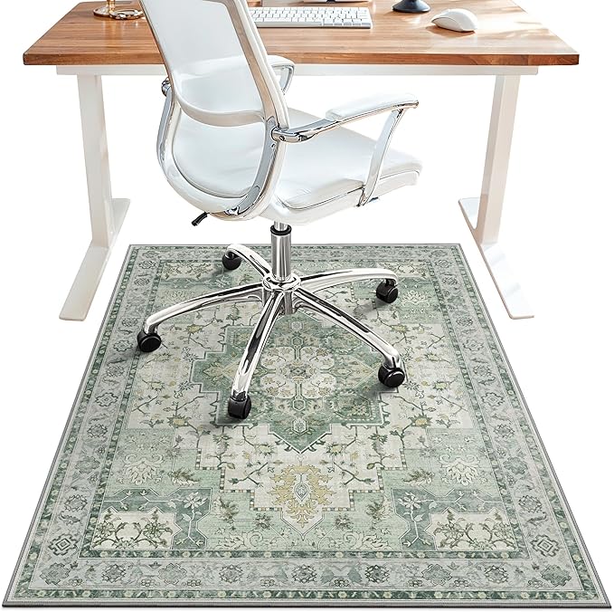 48"x60" Office Chair Mat for Hardwood Tile Floor, Under Desk Carpet Protector for Rolling Computer Chair Mat, Machine Washable Area Rug, Anti-Slip 1/5" Thick Low Pile Thin Vinyl Floor Mat, Green
