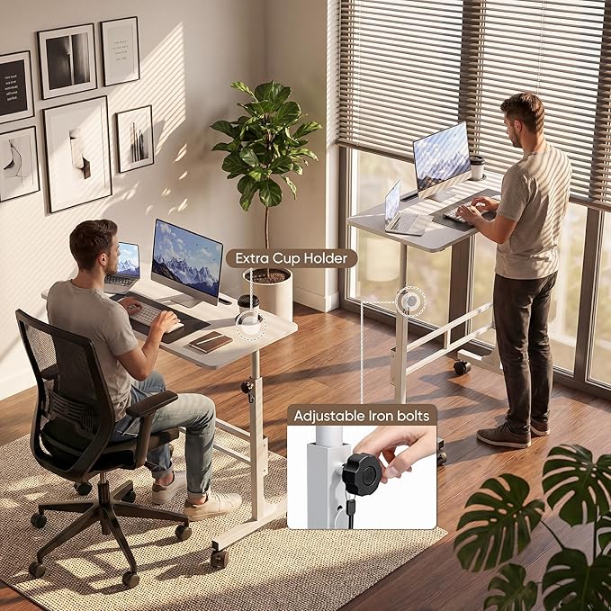 Furmax 31.4" Small Portable Standing Desk Height Adjustable with Lockable Wheels, Mobile Stand Laptop Computer Workstation for Walking Pad Treadmill (White)