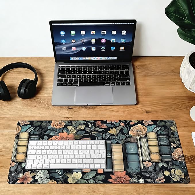 Large Gaming Mouse Pad Books and Flowers Desk Mat,Non-Slip Rubber Base Stitched Edges,Extended Mousepad for PC,Laptop,Office,Home Decor(31.5 x 11.8 Inch)