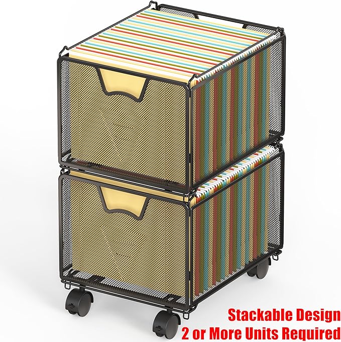 SIMPLE HOUSEWARE Stackable Mesh Hanging File Folder Organizer with Wheels, Black