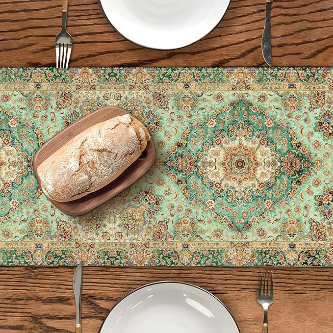 Boho Floral Green Table Runner,Vintage Elegant Farmhouse Table Center Linen Decor,Country Rustic Farmhouse Magical Fall Kitchen Dining Table Decoration for Home Dining Party Decor 13x48 Inch