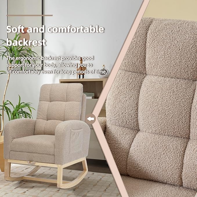 Nursery Rocking Chair with Foot Rest, Teddy Upholstered Nursery Glider Rocker Chair with Solid Wood Legs & 2 Side Pockets Comfy Armchair for Living Room Lounge Bedroom (B-Grey)