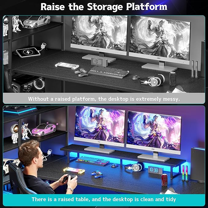 DurayLoly 63" L Shaped Gaming Desk with Monitor Stand & CPU Stand, Reversible Corner Desk with 6-Tier Shelves& 2 Fabric Drawers, Ergonomic Computer Desk with Power Outlet & LED Lights,Black