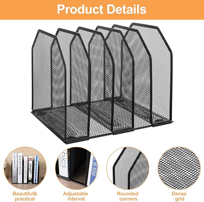 2 Pcs Vertical File Organizer for Desk - Metal Mesh Holder with 5 Compartments, File Folder Rack & Document Storage Stand - 9.3" x 8.5" x 7.9"