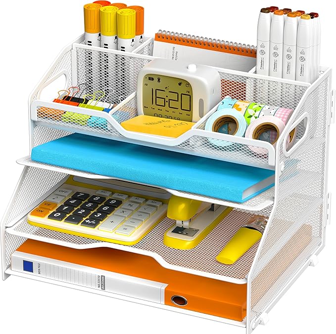 4 Tier Desk Orgnizers and Accessories, Metal Magazine File Holder with Pencil Holder and Handles, Space Saving Desktop Storage for School Office Supplies(White)
