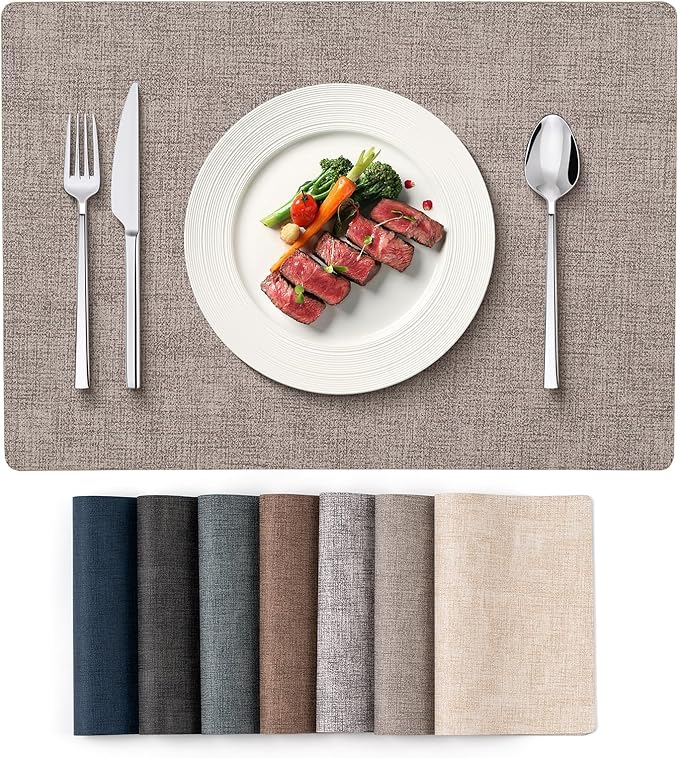 Vinyl Placemats Set of 4 - Faux Leather 100% Waterproof Oil-Proof Wipeable PU Place Mats, Heat Resistant Reversible Table Mats for Kitchen, Dining, Outdoor (Light Gray)
