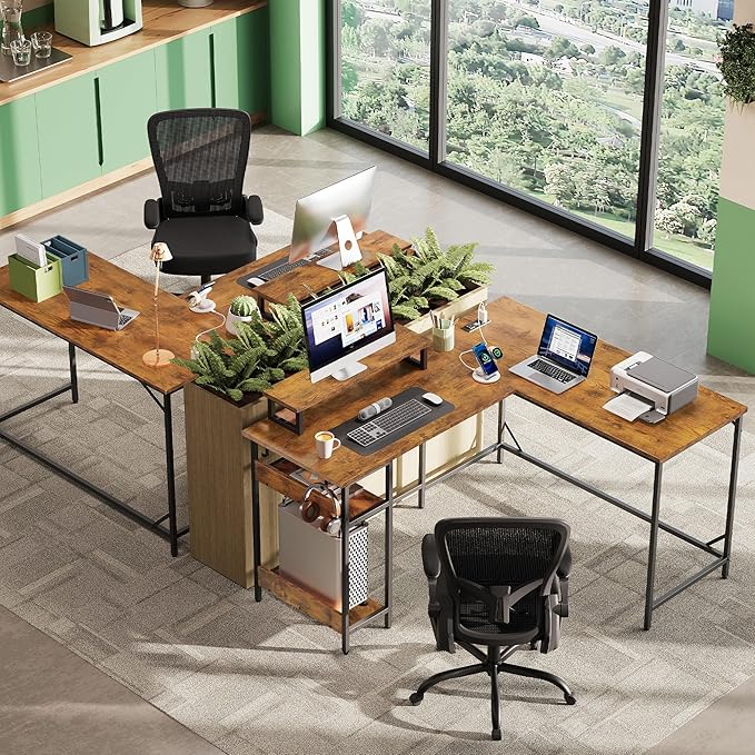 DEVAISE Spacious 55" L Shaped Gaming Desk with LED Lights and Power Outlets - Reversible Corner Computer Table with Monitor Stand and Storage Shelves for Work and Gaming, Rustic Brown