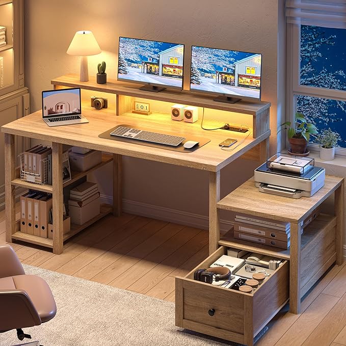 EnHomee 60.4" Farmhouse Computer Desk with Drawer & Power Outlet, Gaming Desk with LED Light, Office Desk with Monitor Stand, Study Desk, Work Desk for Home, Study Room, Bedroom, Natural Oak Finish