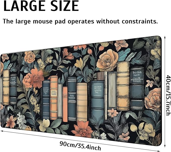 Books and Flowers Mouse Pad,35.4 x 15.7 Inch Large Mouse Mat Non-Slip Rubber Stitched Edges for Writing Desk,Office,Home,Laptop