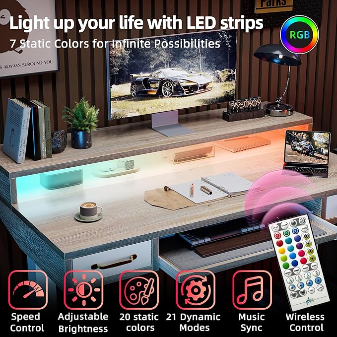 TIQLAB Standing Desk with Two Drawers, Stand Up Standing Desk Adjustable Height, Electric Sit Stand Table with Storage Shelf and Splice Board, with LED Light, 47 * 28 inch, Maple