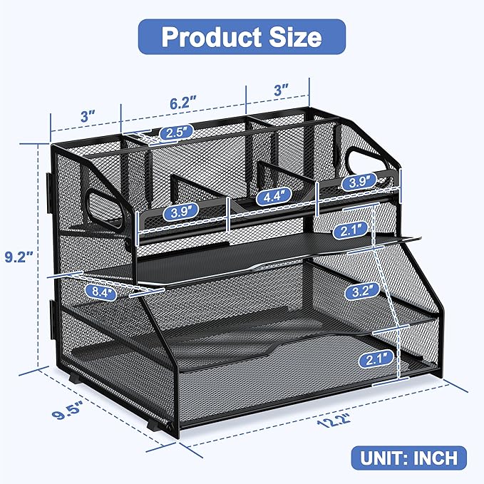 4 Tier Desk Orgnizers and Accessories, Metal Magazine File Holder with Pencil Holder and Handles, Space Saving Desktop Storage for School Office Supplies(Black)