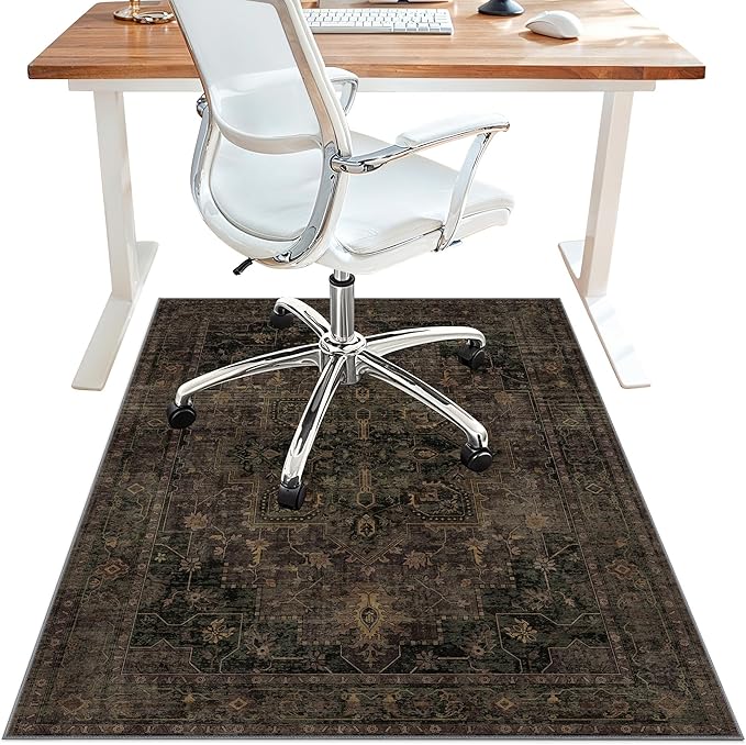 48"x60" Office Chair Mat for Hardwood Tile Floor, Under Desk Carpet Protector for Rolling Computer Chair Mat, Machine Washable Area Rug, Anti-Slip 1/5" Thick Low Pile Thin Vinyl Floor Mat, Brown
