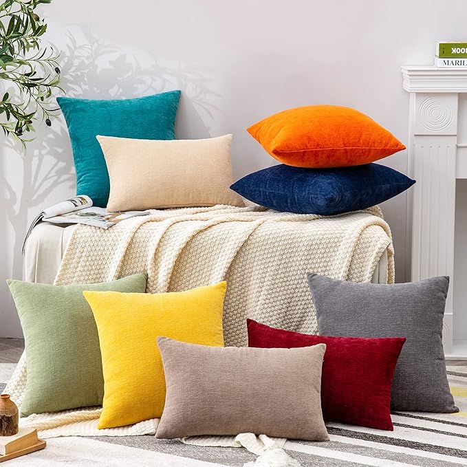 GAWAMAY Decorative Square Throw Pillow Covers 18"x18" Inch Set of 2, Super Soft Chenille Pillows Farmhouse Fall Pillowcase for Living Room Bedroom Sofa Couch Cushion Cover Mustard Yellow 45x45cm