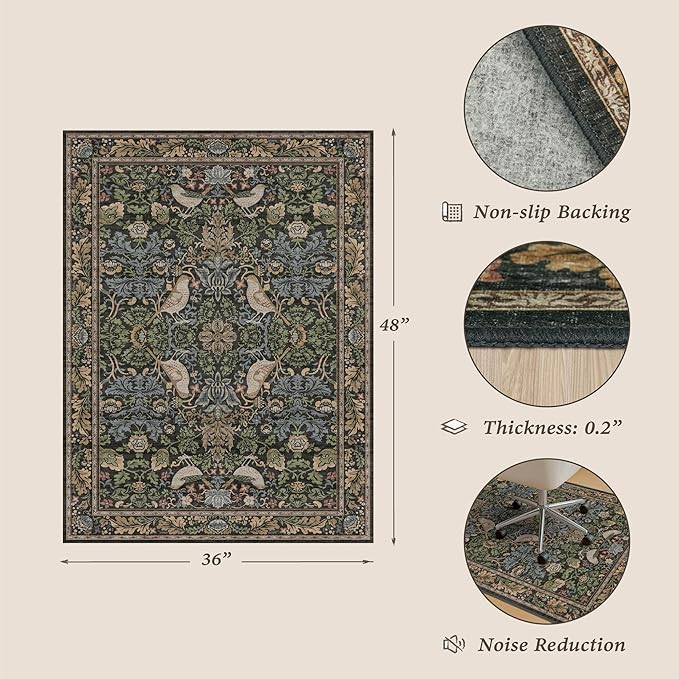 3x4 Green Office Chair Mat for Hard Wood & Tile Floor, Boho Low Pile Carpet Floor Protector for Rolling Chair with Bird & Botanical Pattern, Machine Washable Under Desk Rug, Non Slip Rubber Backing