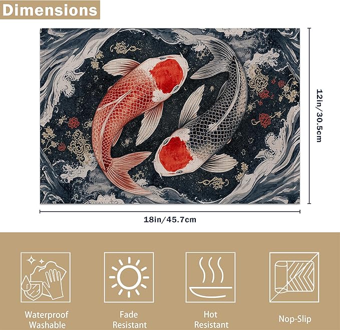 Janpanese Koi Fish Linen Placemats Set of 6, Decorative Table Mats 12x18 Inch, Washable Heat Resistant Placemats for Dining Table Kitchen Home Decor