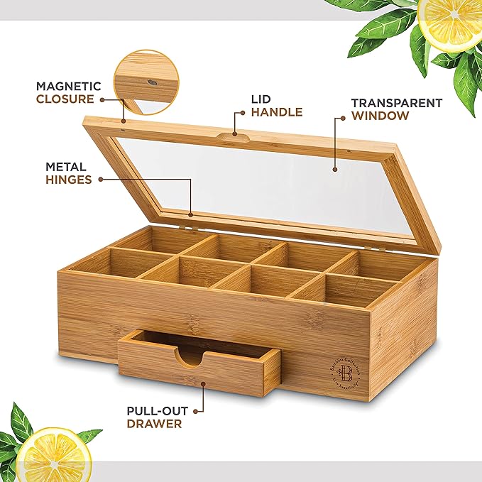 Personalized Tea Bag Organizer - Custom Engraved Bamboo Tea Box Organizer, 8-Compartment Tea Box with Magnetic Acrylic Lid, Mothers Day Gifts for Mom, Grandma Gift Wife Gift, Tea Lover Gift by Bambusi
