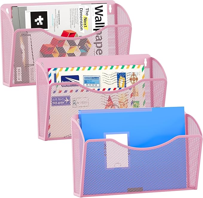 EasyPAG 3 Pack Wall File Organizer, Metal Mesh Hanging File Folder Holder for Letter/A4 Size Folders, Vertical Wall Mount Mail Sorter for Office Paperwork, Classroom, Pink