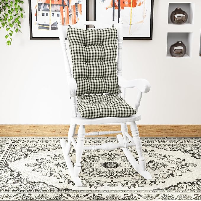 Klear Vu The Gripper Non-Slip Rocking Chair Cushion Set with Thick Padding, Includes Seat Pad & Back Pillow with Ties for Indoor Living Room Rocker, 17x17 Inches, 2 Piece Set, Gingham Black