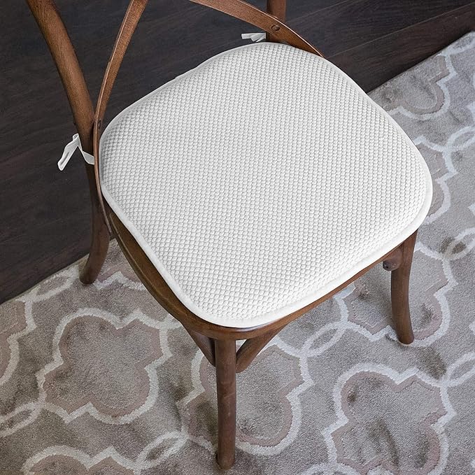 Sweet Home Collection Chair Cushion Memory Foam Pads with Ties Honeycomb Pattern Slip Non Skid Rubber Back Rounded Square 16" x 16" Seat Cover, 2 Pack, White