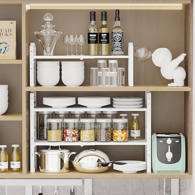 Jojocross Expandable Shelf for Cabinet Organizer Adjustable Stackable Spice Rack at Kitchen and Bathroom More, Counter Countertop Cupboard Organization Pantry Storage, (2 Packs/White, Large)