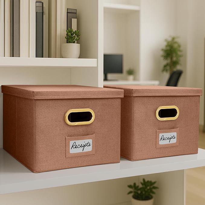 ZICOTO Decorative File Organizer Box Set of 2 - Collapsible Linen Filing Cabinets with Handles Are Perfect to Store All Your Documents & Hanging File Folders - Portable Easy Slide Crates with Lid