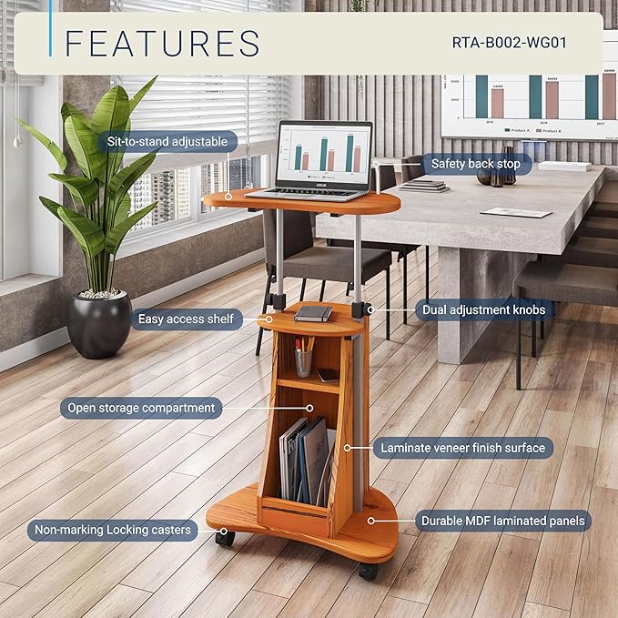 Adjustable Height Laptop Cart With Storage. Color: Woodgrain