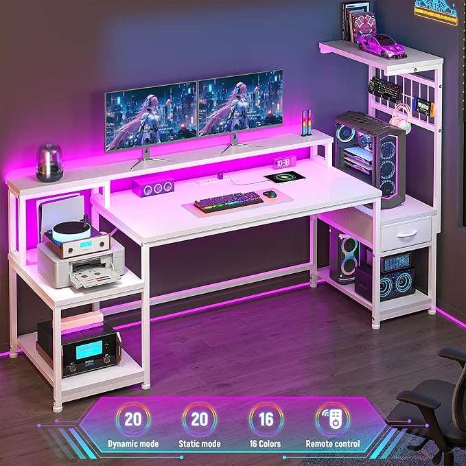 DurayLoly 63" Computer Desk with LED Lights & Outlets,Office Desk with Drawers & Monitor Stand,Gaming Desk with 3 Storage Shelves, Hooks& Printer Space for Game&Study Room,Home Office,Bedroom,White