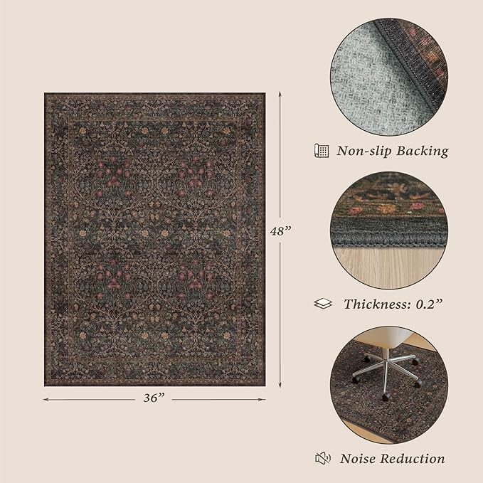 Dark Brown 3x4 Washable Office Rugs for Rolling Chairs, Small Low Pile Home Office Rug for Computer Gaming Chair, Slip-Resistant and Area Rug for Protecting Floors, Boho Taupe Floral Design