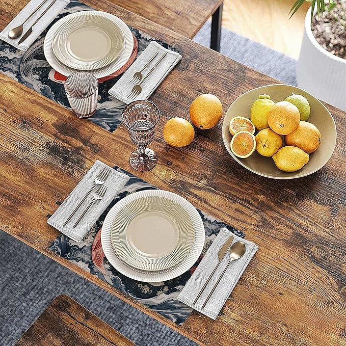 Janpanese Koi Fish Linen Placemats Set of 6, Decorative Table Mats 12x18 Inch, Washable Heat Resistant Placemats for Dining Table Kitchen Home Decor