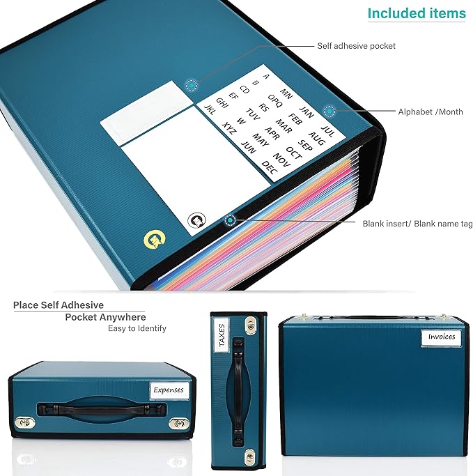 CNK Accordion File Folders with 24 Pockets Organizer for Document Paper Storage Folder Documents Expanding Binder Folio Pocket Receipt Filing Expandable Files Dividers Labels Letter Durable Handle