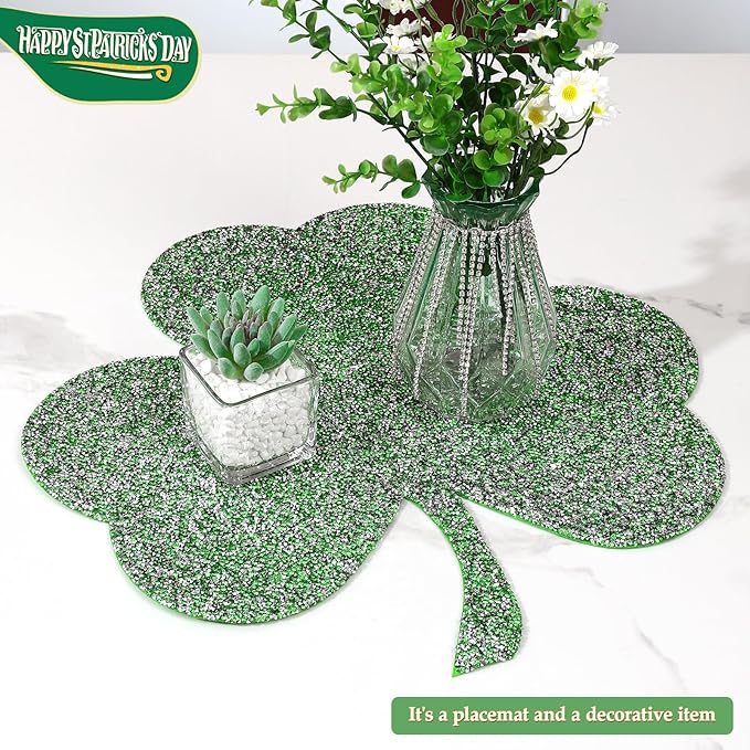 Green Placemat, Sparkle Glitter Rhinestones Table Mat Crushed Diamond Shamrock Table Placemat 16inch for St. Patrick's Day Home Kitchen Dinning Decorations