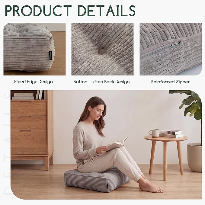 HIGOGOGO Tufted Corduroy Recliner Seat Cushion for Elderly, 20x20x5 Inch Large Square Seat Cushion for Recliner Chair, Floor Pillow, Office Chair, Car, No Pressure on Thighs, Grey