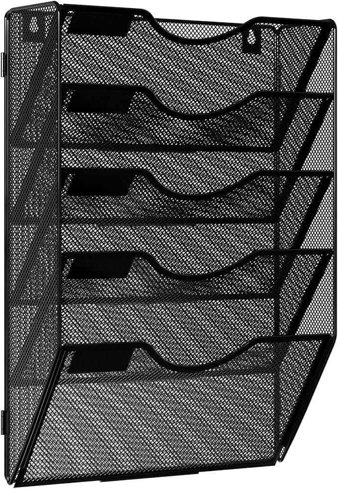 Wall Hanging File Holder 5 Pocket Wall Mounted Paper Organizer Magazine File Holder Storage Rack,Black