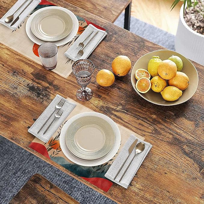 Boho Sunrise Abstract Sun Leaves Placemats Set of 6 Linen Table Mats, 12x18 Inch Washable Placemats for Dining Table, Non Slip Heat Resistant Mats for Kitchen Home Decor