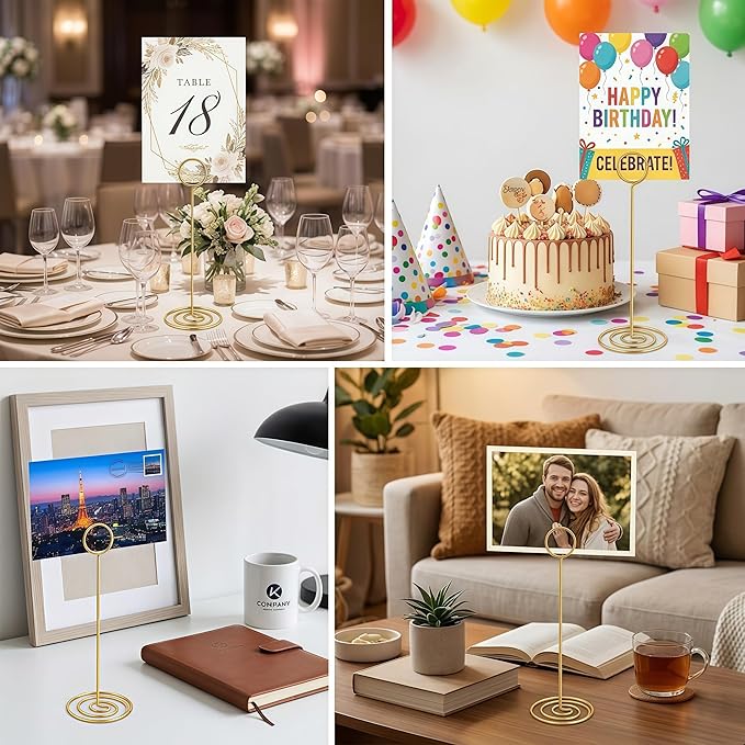 Radezon 20 Pack 8.75 inch Tall Table Number Holders Place Card Holder Table Picture Holder Wire Photo Holder Clips Picture Memo Note Photo Stand (Gold)