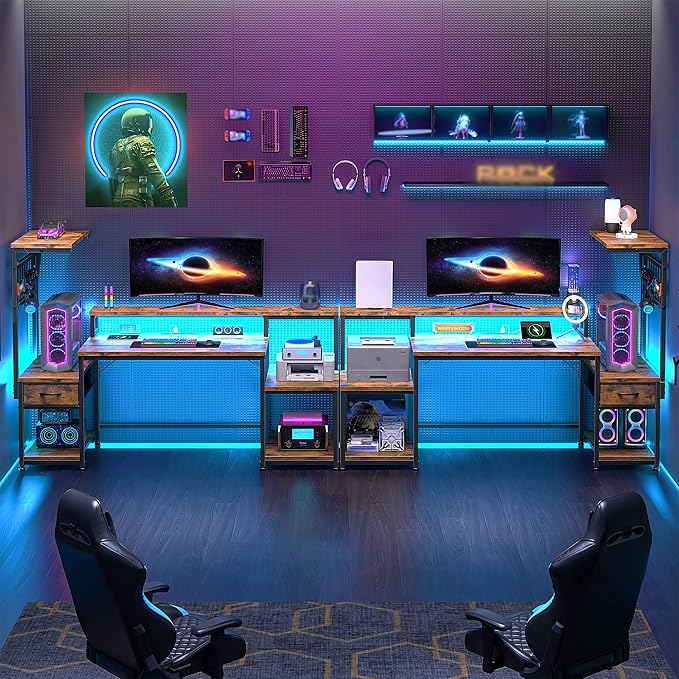 DurayLoly 55" Computer Desk with LED Lights & Outlets,Office Desk with Drawers & Monitor Stand,Gaming Desk with 3 Storage Shelves, Hooks& Printer Space for Game&Study Room,Home Office,Bedroom,Brown