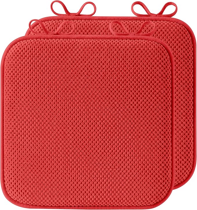 puredown® Chair Cushions for Dining Chairs, Set of 2 Memory Foam Seat Cushions with Non-Slip Backing & Ties, 16" x 16" x 1.5", Comfortable & Supportive Dining Chair Pads for Kitchen, Red