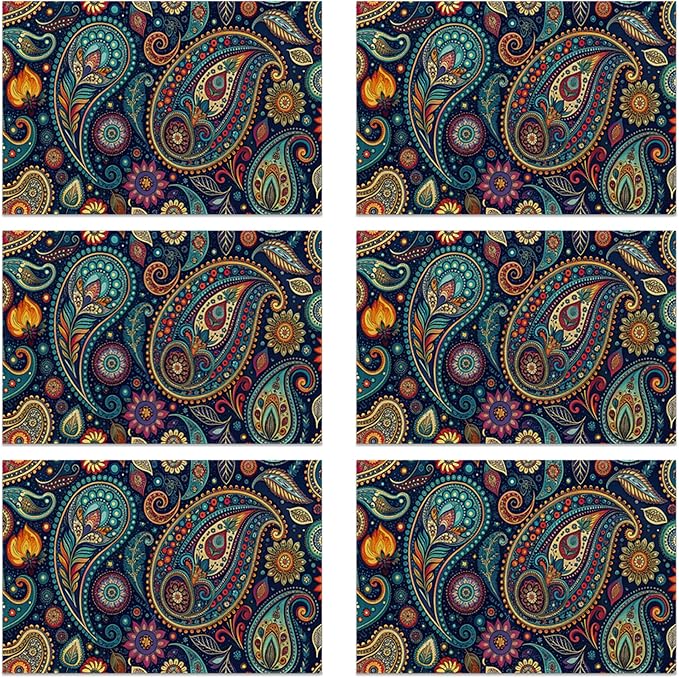 Placemats Set of 6, Indian Vintage Paisley Pattern Blue Linen Placemats 12x18 Inch, Heat Resistant Table Mats, Washable Non Slip Place Mats for Dining Table Kitchen Home