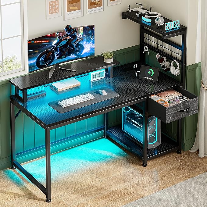 EnHomee 48" Gaming Desk with LED Lights & Power Outlets, Home Office Desk with Monitor Stand, Computer Desk with Drawer & Storage Shelves for Living Room, Study Room, Gaming Room, Black