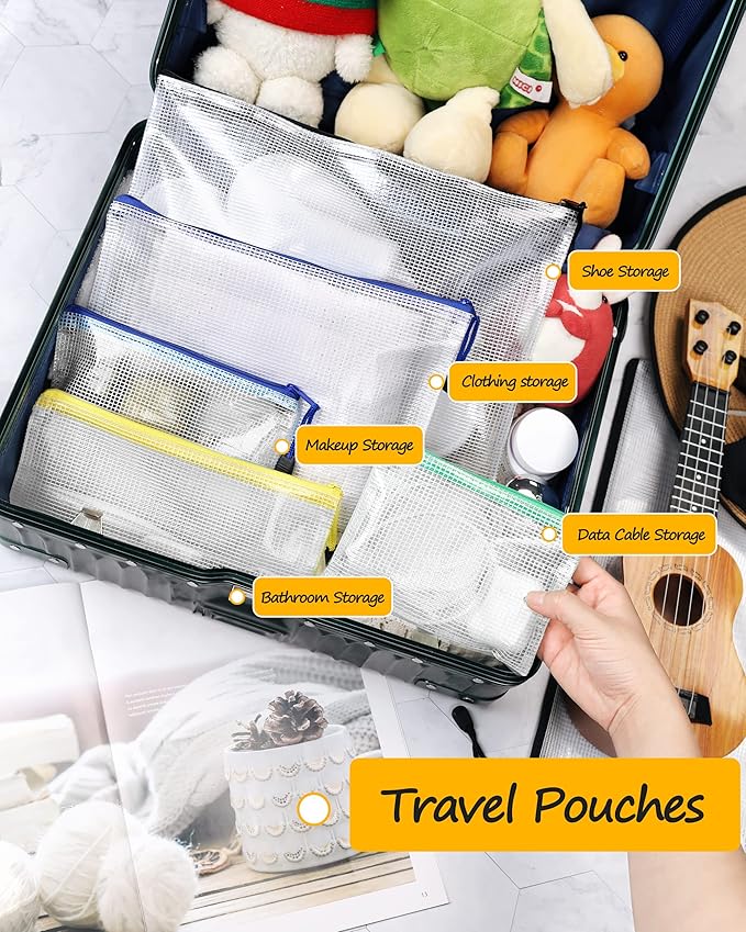 SUNEE Plastic Mesh Zipper Pouch 6.8x9.2 in (6 Colors, 12 Packs), Small Water-Resistant Zip Bag for School Office Supplies, Pencil Organizing Storage