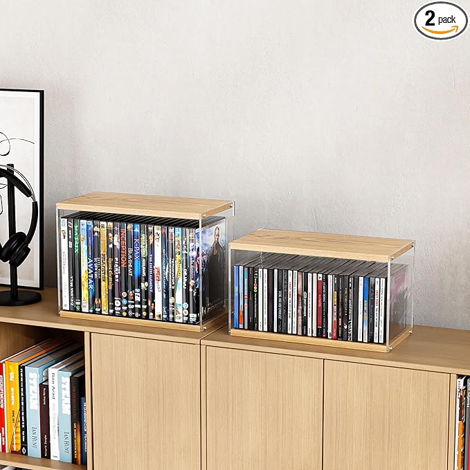 2Pack Stackable Wood Acrylic CD Holder Desk Rack Organizer Holds up to 60 CD Jewel Cases Media Storage Rack for Movie & Video Games Collections,Natural Wood
