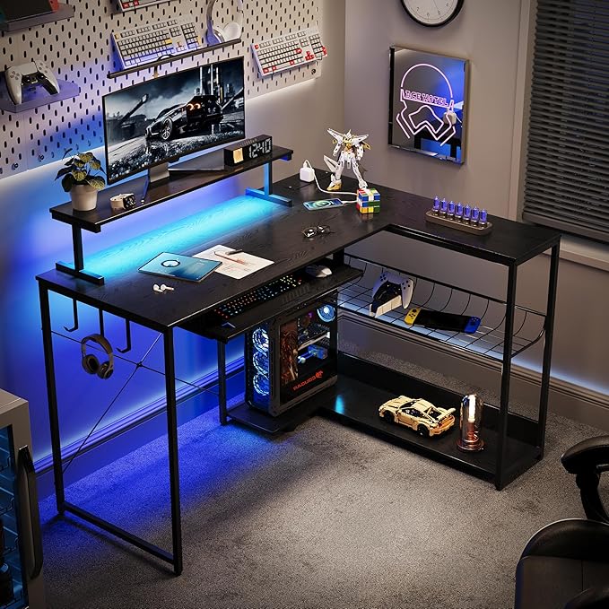 L Shaped Gaming Desk with Power Outlets & RGB Lights, 46'' L- Shaped Desk Computer Corner Desk with Monitor Stand & Storage Shelf & Hook, Home Office Desk Writing Desk, Black