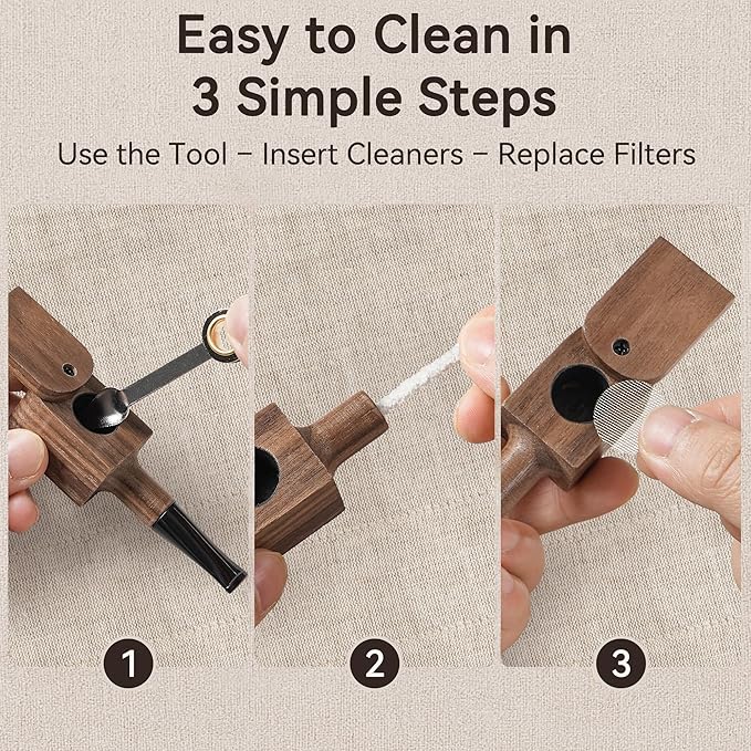 Tobacco Pipe Set - Walnut Wood Square Design Compact Size Classic Style with Cleaning Tool Kit and Screen Inserts for Adult Tobacco Users Desk Daily Use and Gifting