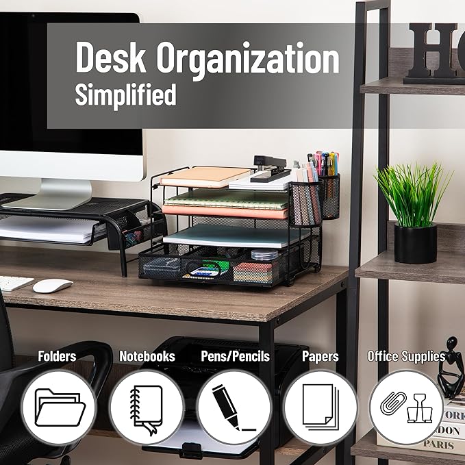 Mind Reader Mesh Desk Organizer, 3 Trays, 1 Drawer, 2 Pen Holders, Office Desktop Organizer, Metal Mesh, Black