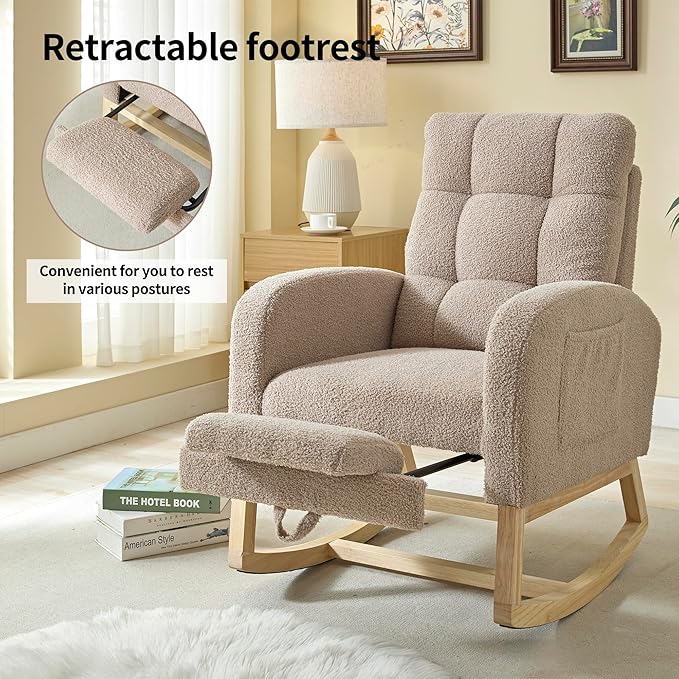 Nursery Rocking Chair with Foot Rest, Teddy Upholstered Nursery Glider Rocker Chair with Solid Wood Legs & 2 Side Pockets Comfy Armchair for Living Room Lounge Bedroom (B-Grey)