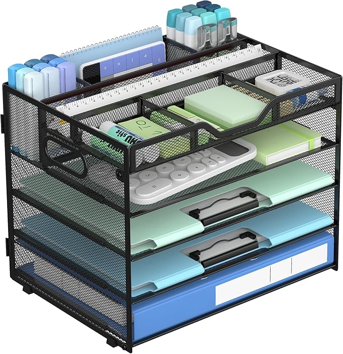 Docnest 5 Tier Mesh Desk Organizer with Adjustable Compartments - Stackable Letter Tray with Built-in Pen Holder & Handles - Desktop File Storage for Office, Home, School Supplies - Black