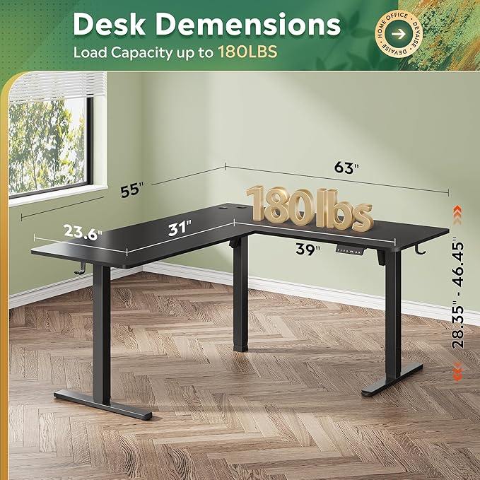 DEVAISE 63 Inch L Shaped Electric Standing Desk, 3 Adjustable Computer Desk for Home Office, Ergonomic Sit to Stand Desk with LED Touchscreen，Headphone Hook, 3 Memory Preset, with Split Top, Maple